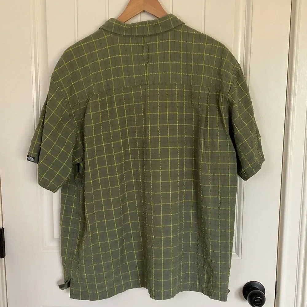 The North Face Mens Short Sleeve‎ Button Up Shirt XL Green Yellow Plaid Pocket
